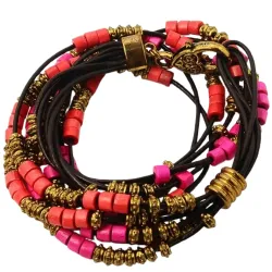 Brățări boho cu margele metalice si lemn roșu