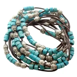 Brățări boho cu mărgele metalice si lemn turcoaz
