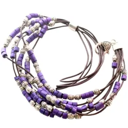 Brățări boho cu mărgele metalice și lemn mov